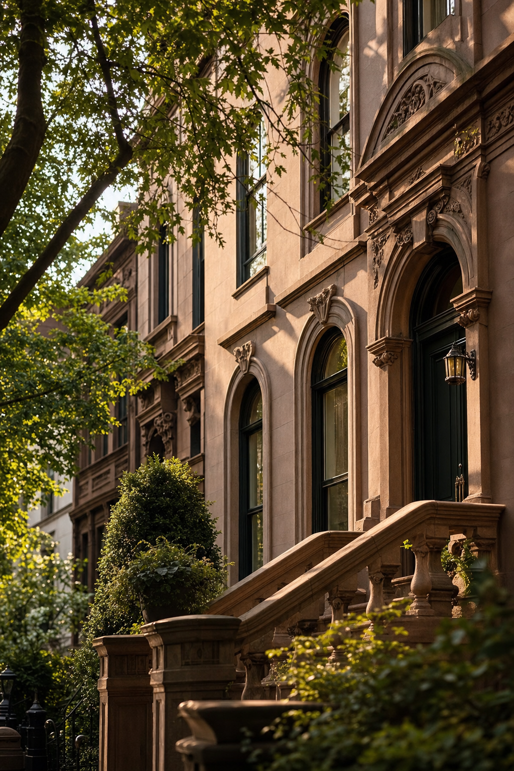 Elegant New York City brownstone townhouse facade on a tree-lined block in golden afternoon light