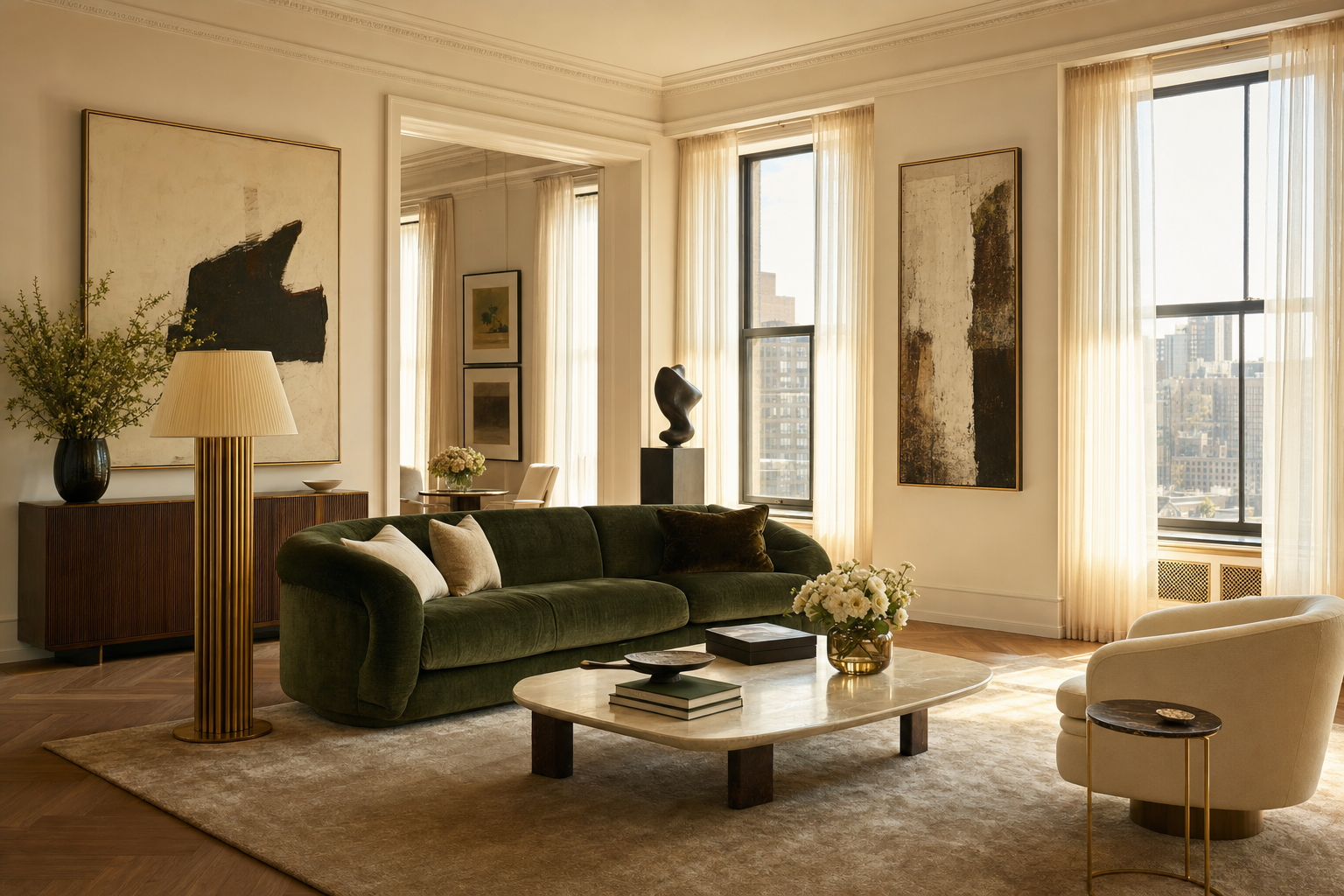 Elegant luxury Manhattan living room with forest-green velvet sofa, brass accents and warm natural light